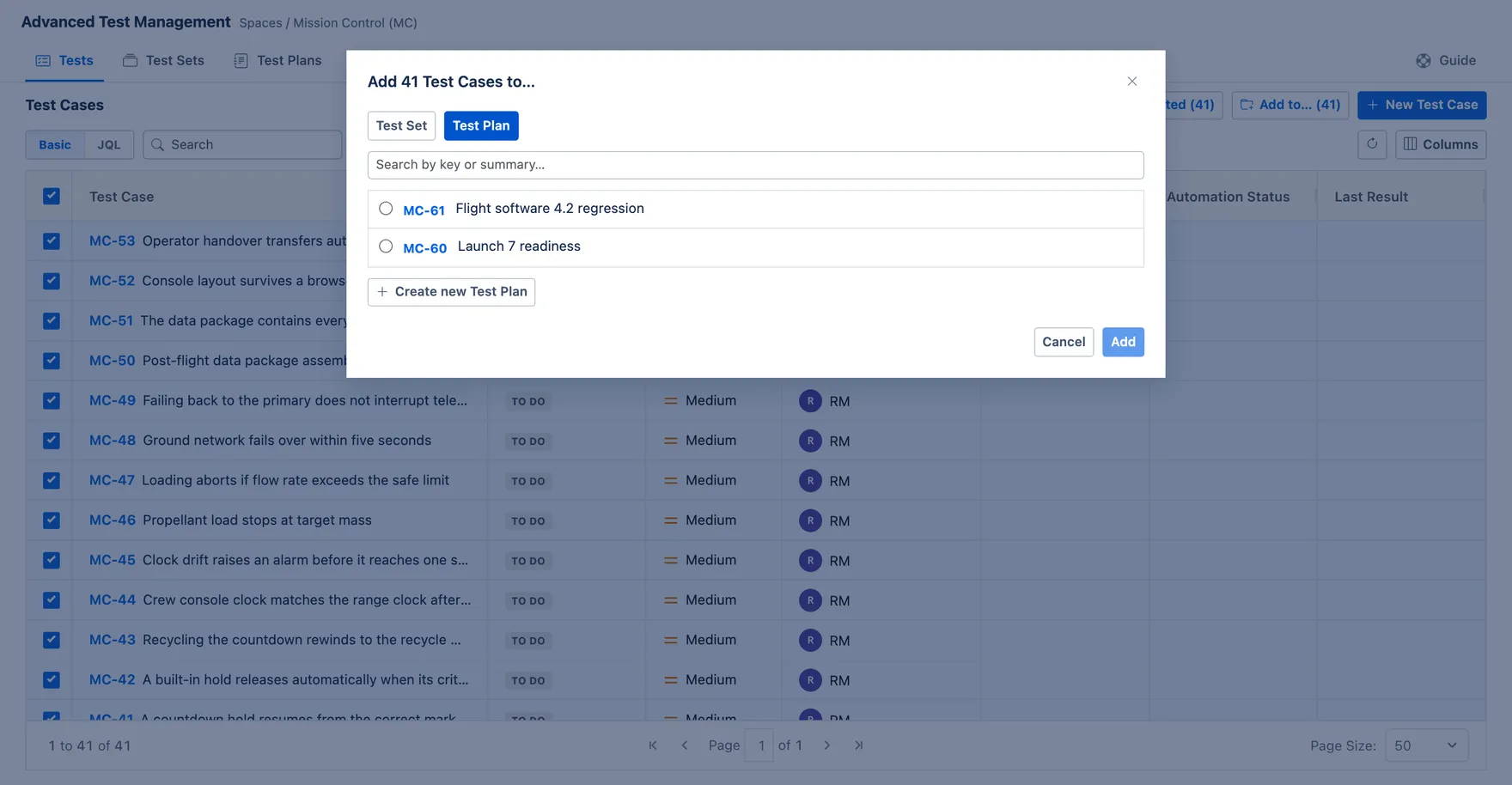The Add to dialog on its Test Plan tab, listing the two existing plans and an option to create a new one