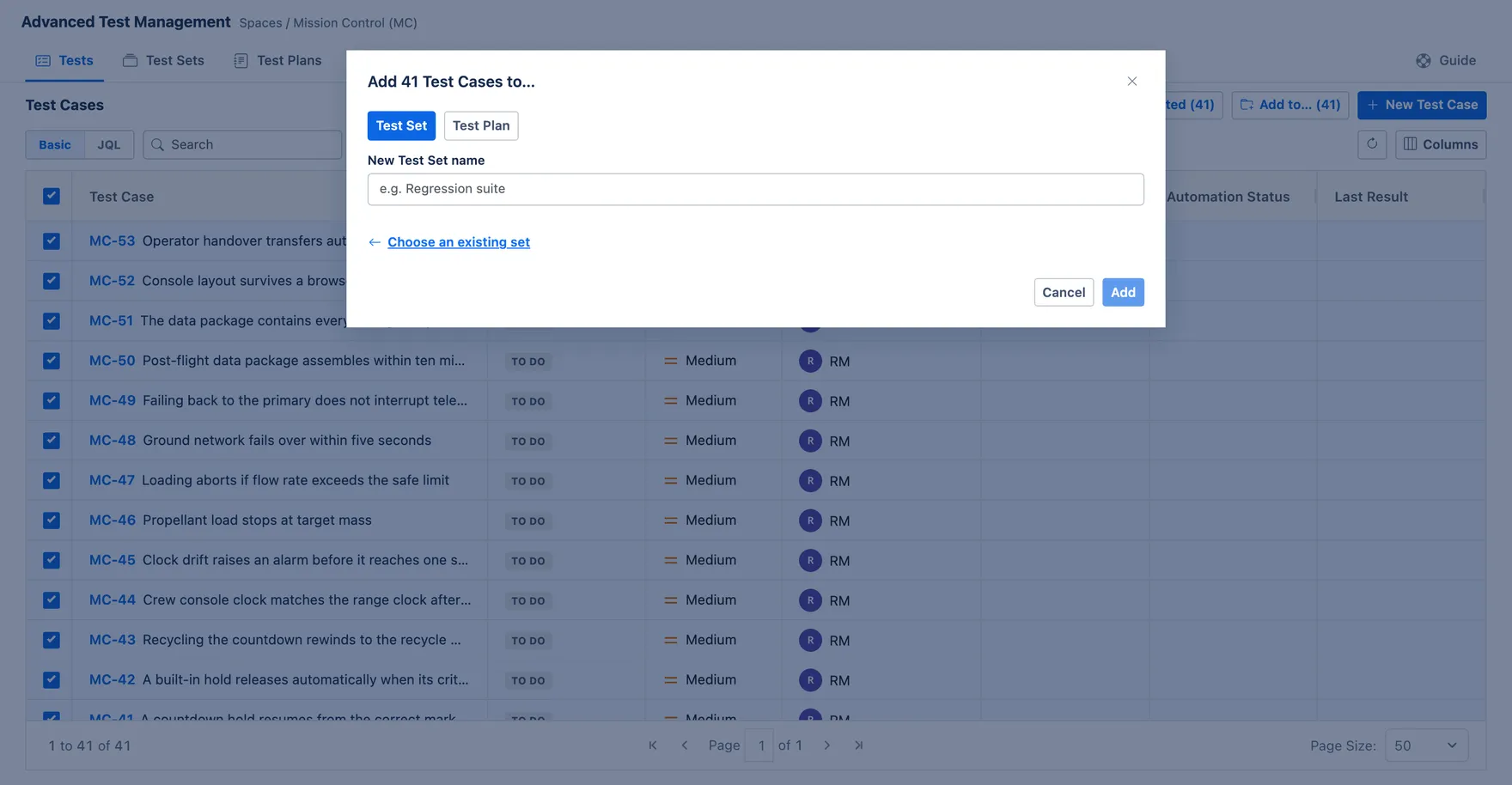 The Add to dialog on its Test Set tab, naming a new set for the 41 selected cases