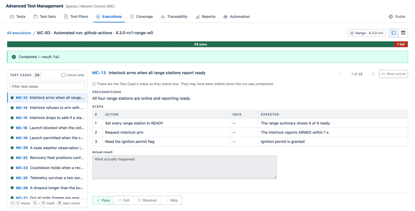 A completed automated run showing 28 pass and 1 fail, a Completed banner, and the steps of the case being viewed