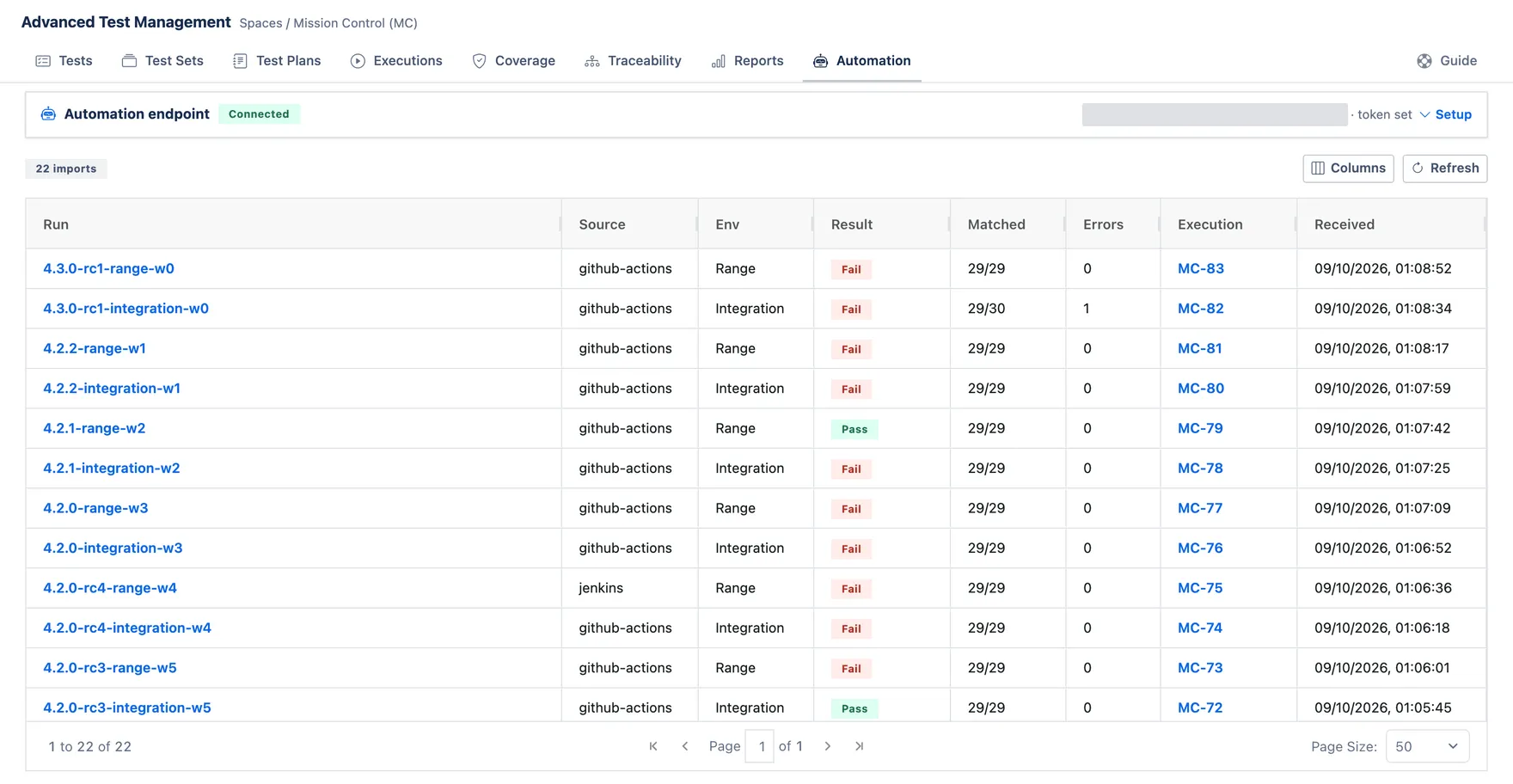 The Automation tab with the endpoint card marked Connected, above a table of 22 imports showing run, source, environment, result, matched counts and the execution each one created