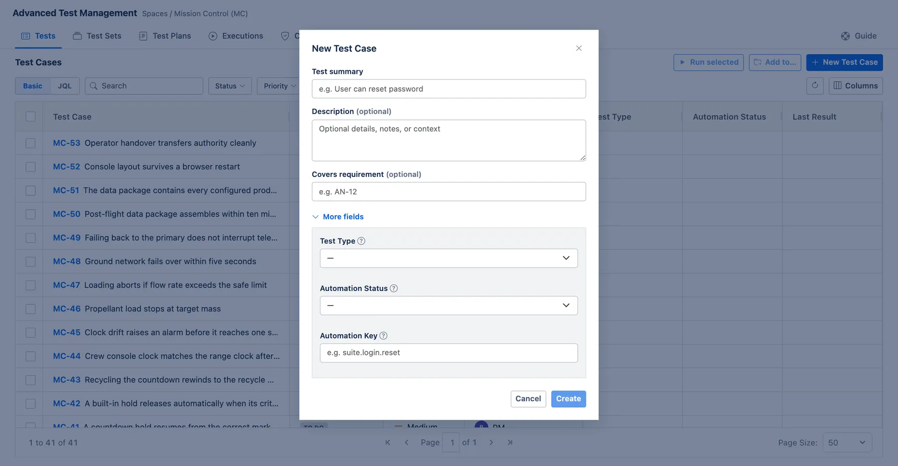 The same dialog with More fields expanded, showing Test Type, Automation Status and Automation Key