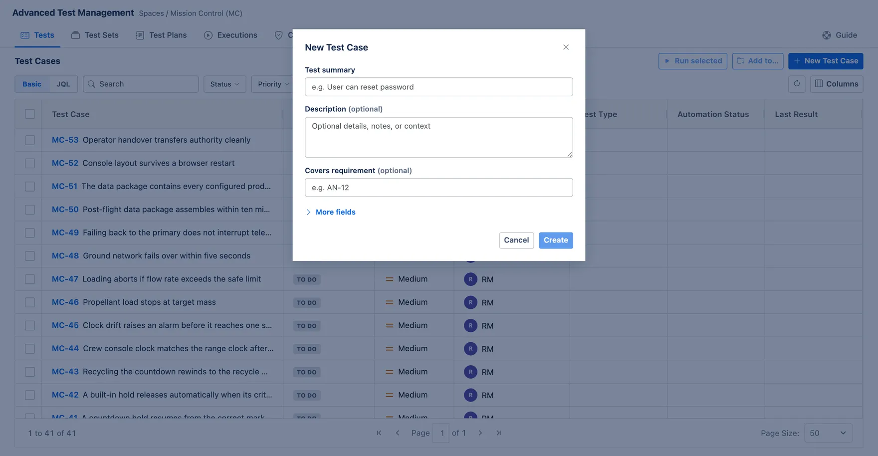 The New Test Case dialog with fields for test summary, description and covers requirement