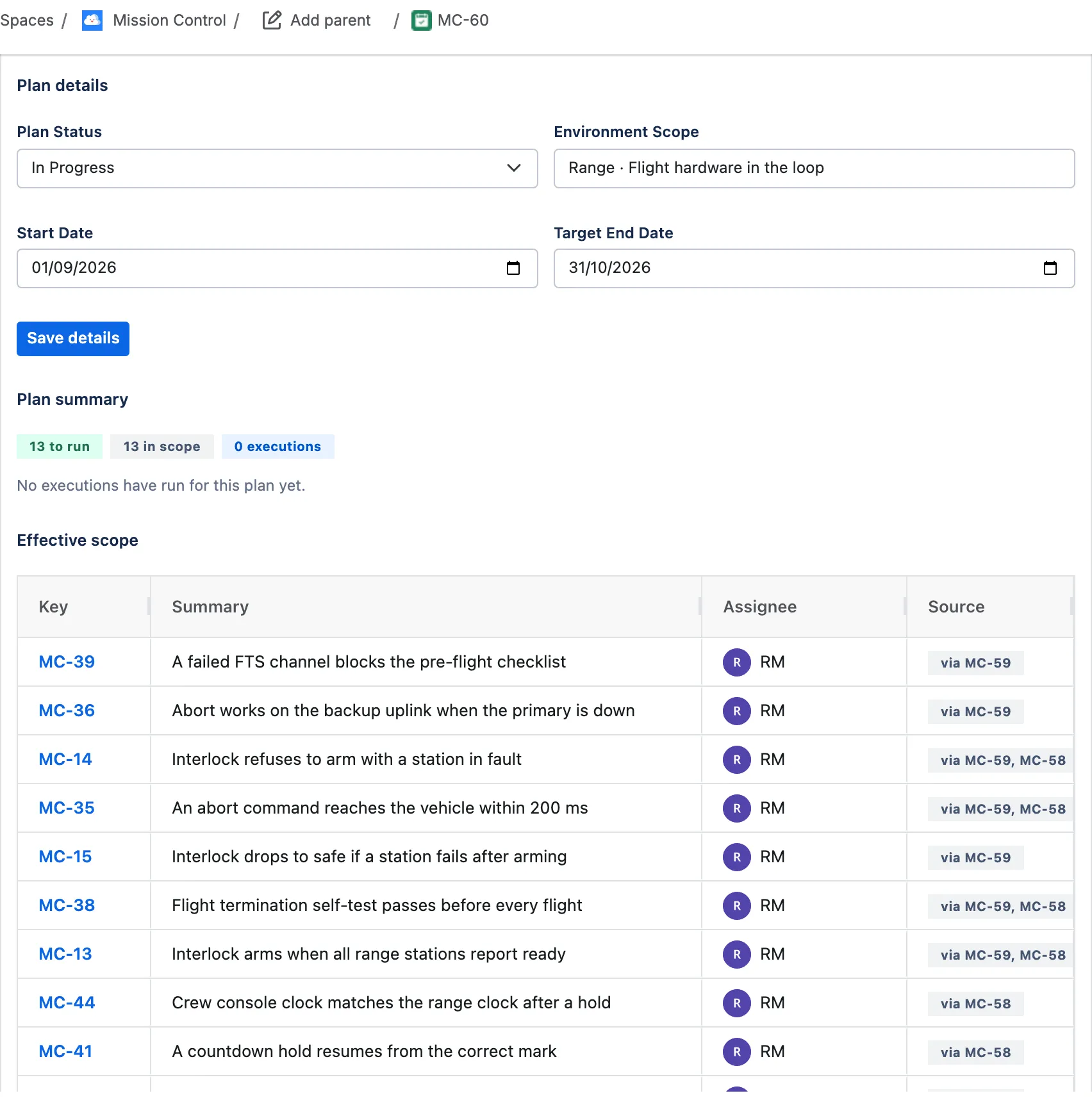 The app’s panel on a Test Plan work item, with plan details, a summary reading 13 to run and 13 in scope, and the effective scope list