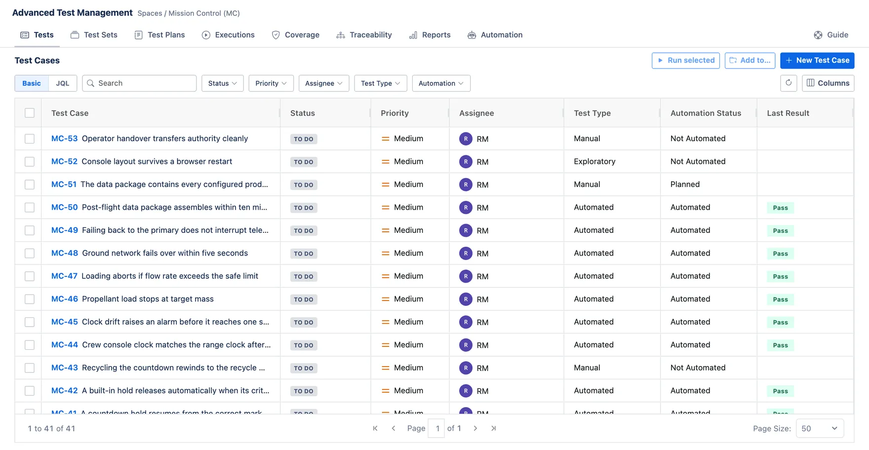 The project page open on the Tests tab, with tabs for Test Sets, Test Plans, Executions, Coverage, Traceability, Reports and Automation