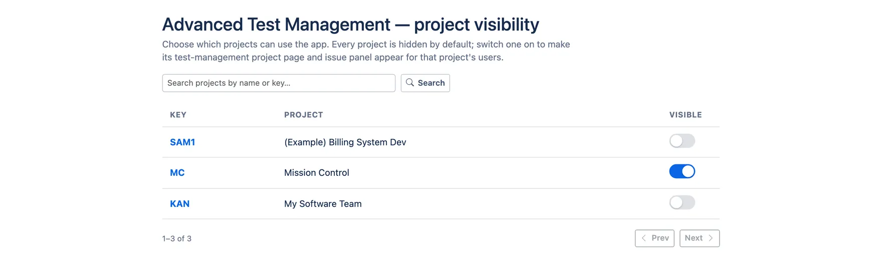 The project visibility page listing three projects, with Mission Control switched on and the other two off
