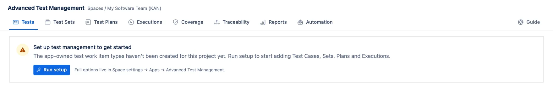 The Tests tab showing “Set up test management to get started” and a Run setup button