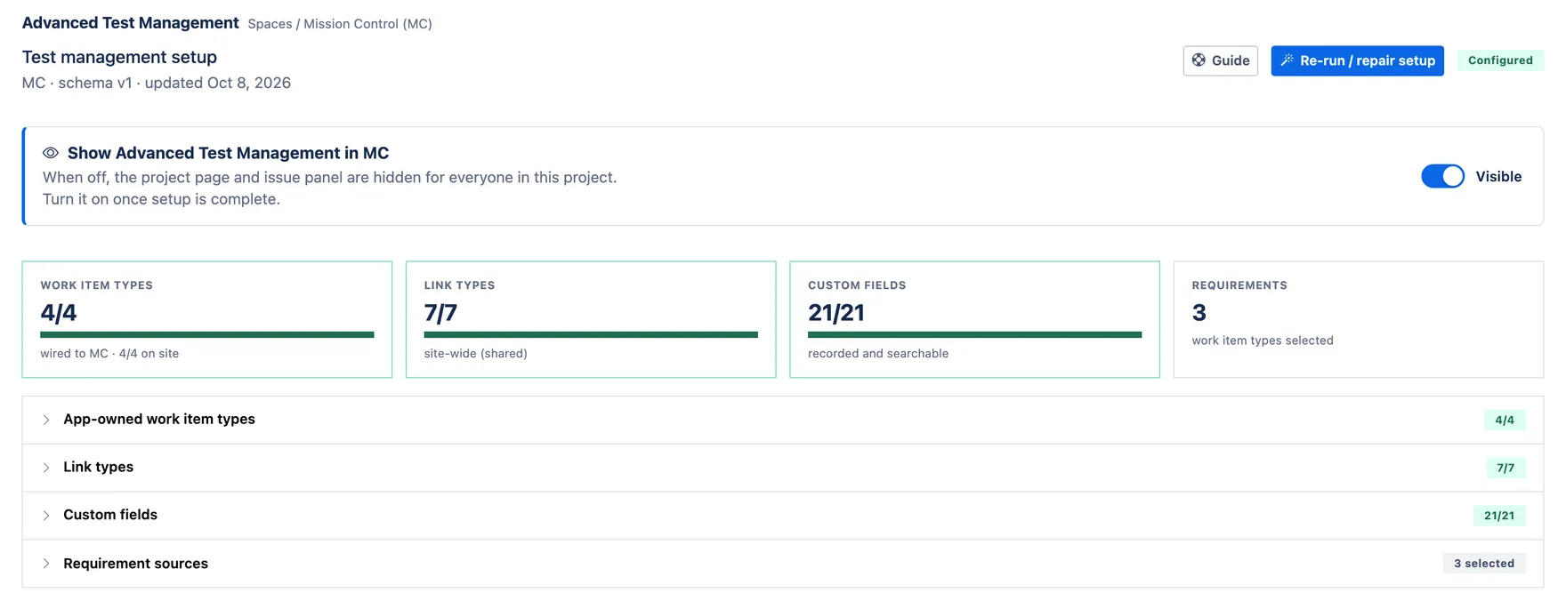 The setup page for a project, with the visibility switch on, readiness tiles reading 4/4 work item types, 7/7 link types and 21/21 custom fields, and expandable sections below