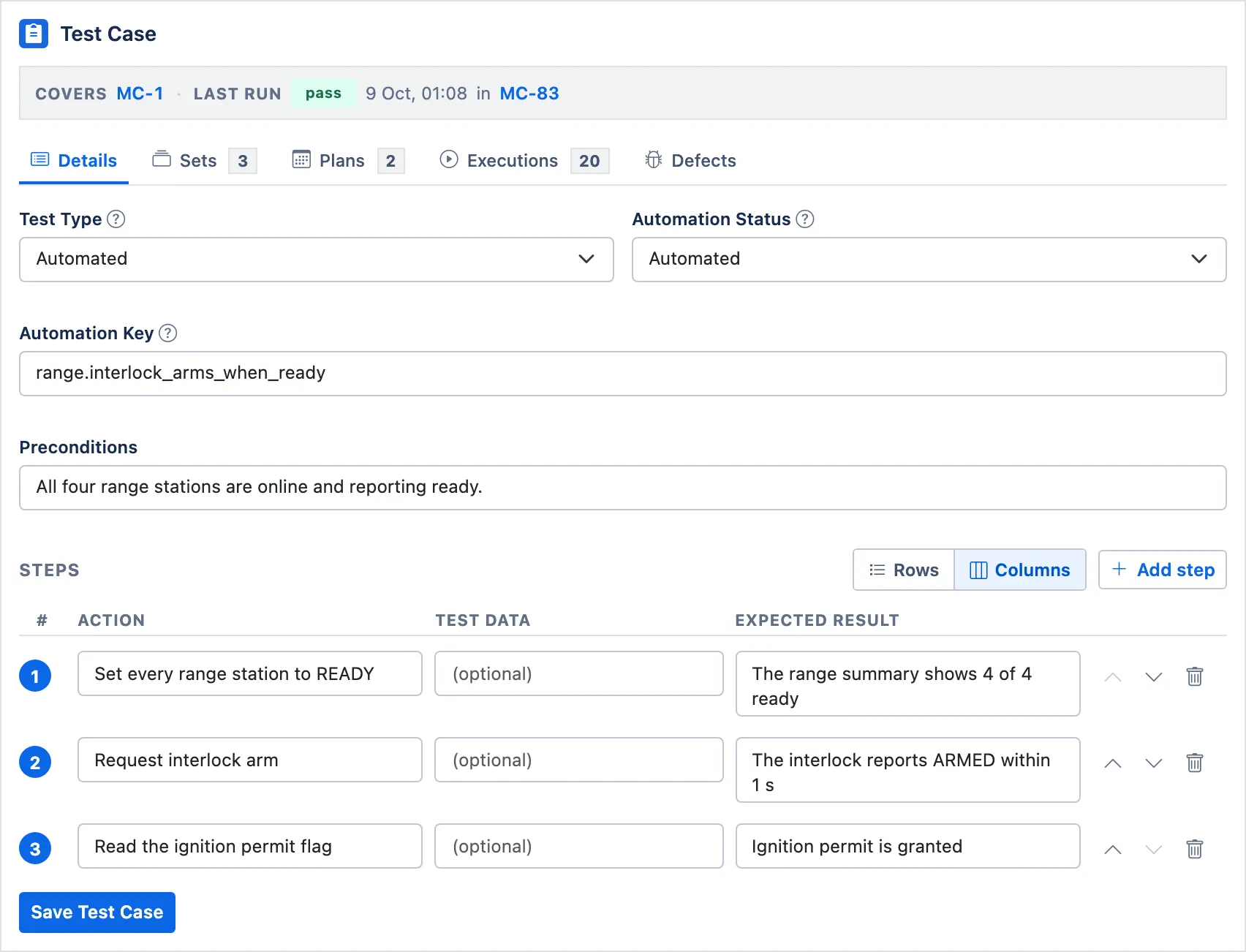A Test Case work item showing Test Type, Automation Status, Automation Key, preconditions and three numbered steps with action, test data and expected result