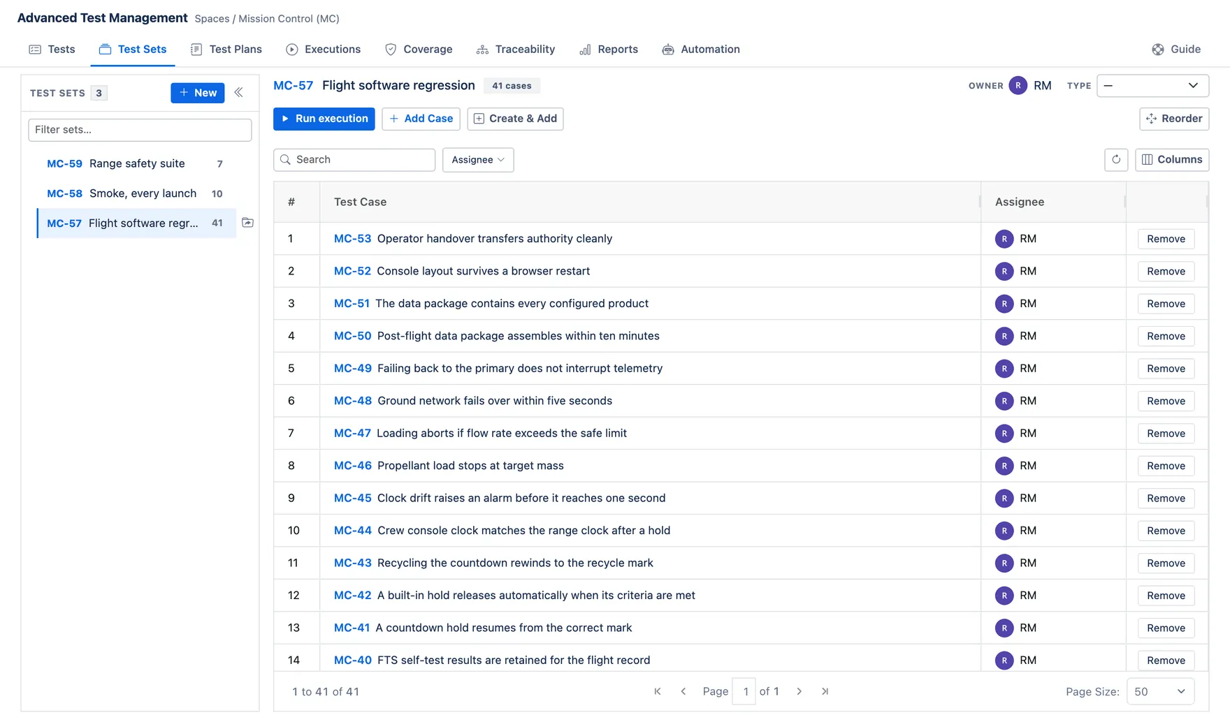 A Test Set open with its 41 cases numbered in run order, and Run execution, Add Case, Create & Add and Reorder buttons above the list