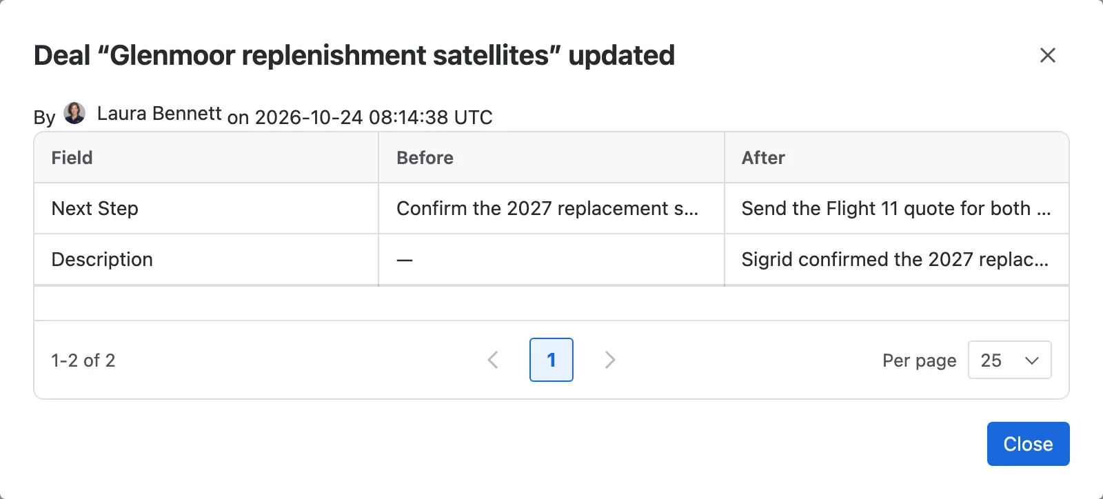 View changes: each field before and after