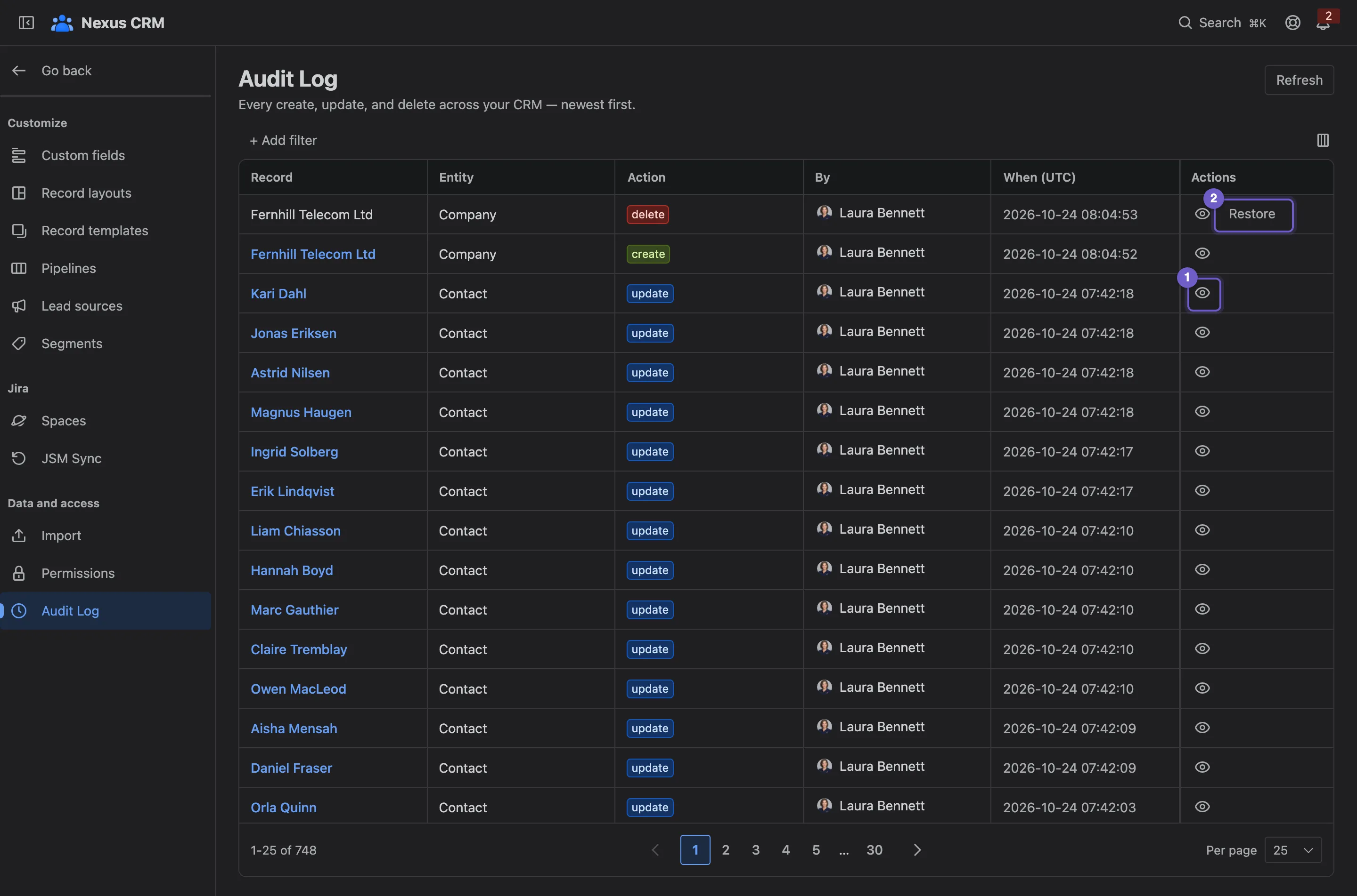 Settings → Data and access → Audit Log