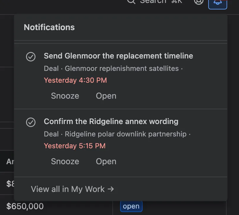 The notification bell open, listing due reminders with Mark done, Snooze and Open