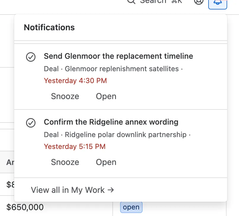 The notification bell open, listing due reminders with Mark done, Snooze and Open