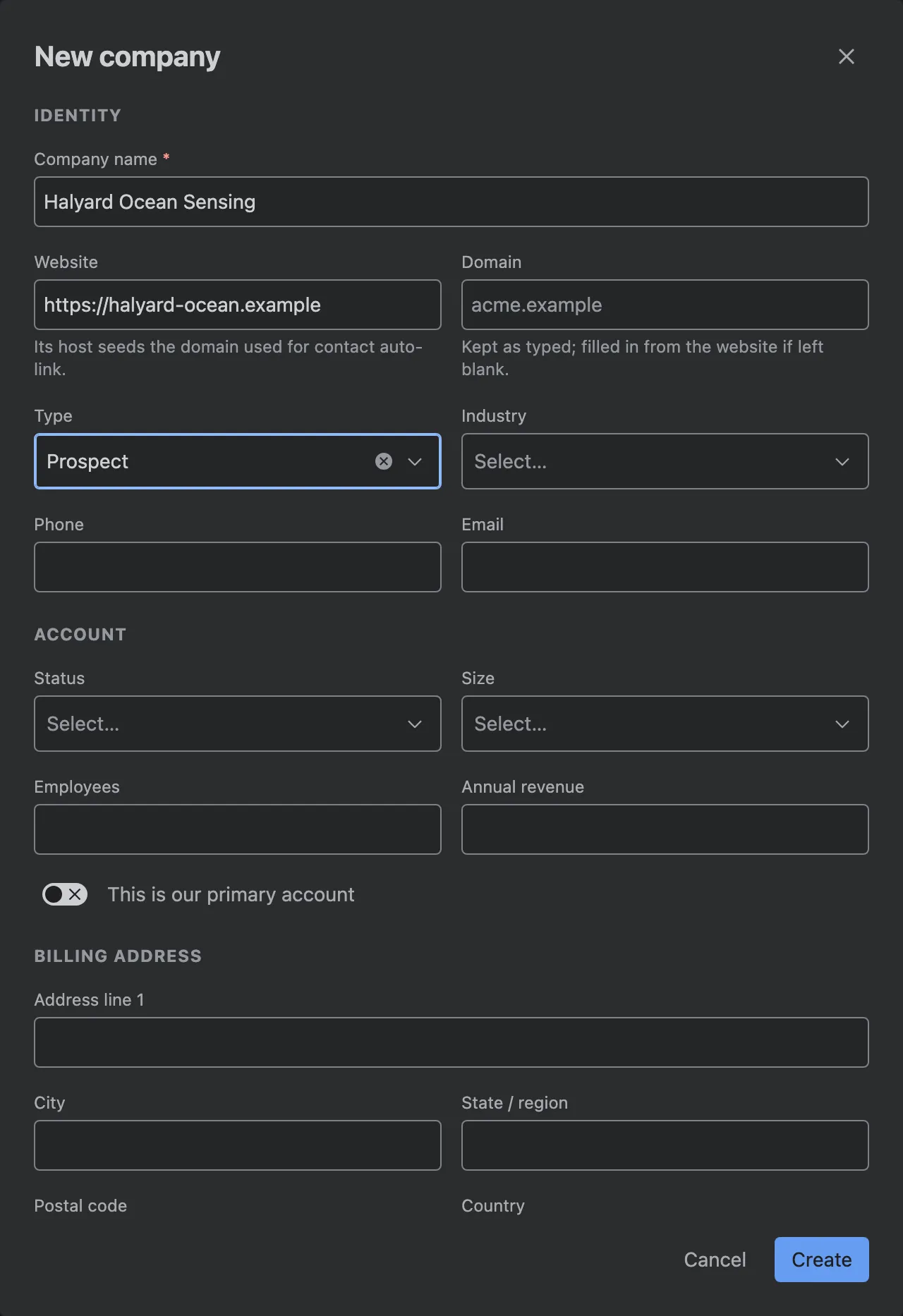 The New company form, with Start from template, website, type and industry