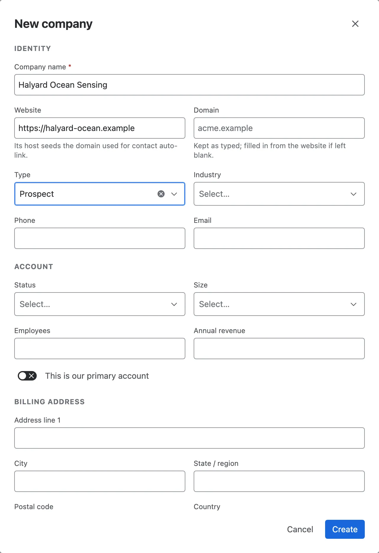The New company form, with Start from template, website, type and industry