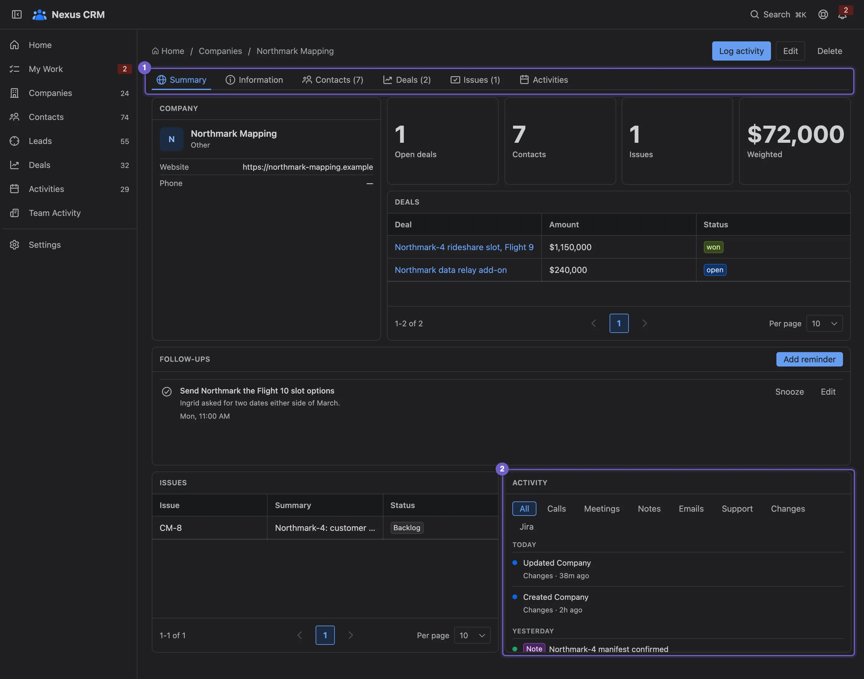 Northmark Mapping’s company page on its Summary dashboard