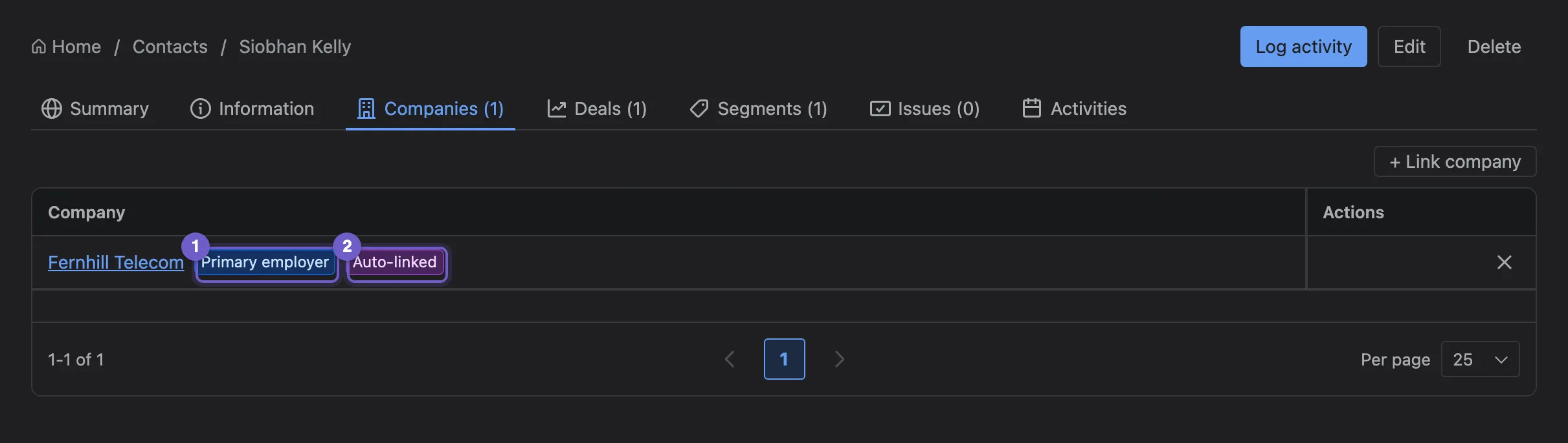 A contact’s Companies tab with Primary employer and Auto-linked badges