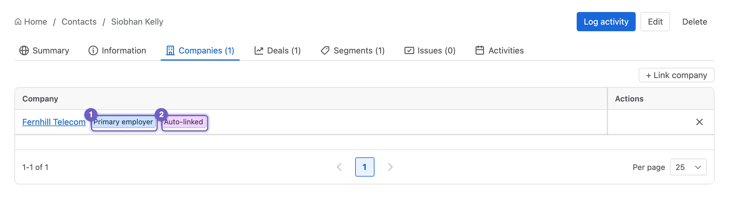 A contact’s Companies tab with Primary employer and Auto-linked badges