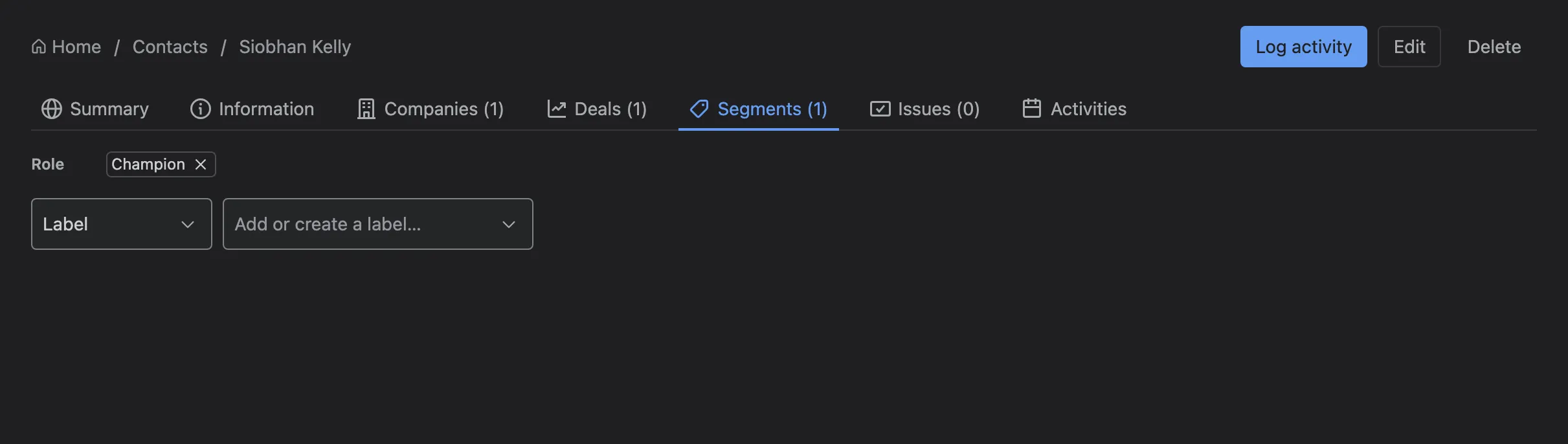 A contact’s Segments tab with group, label and role chips