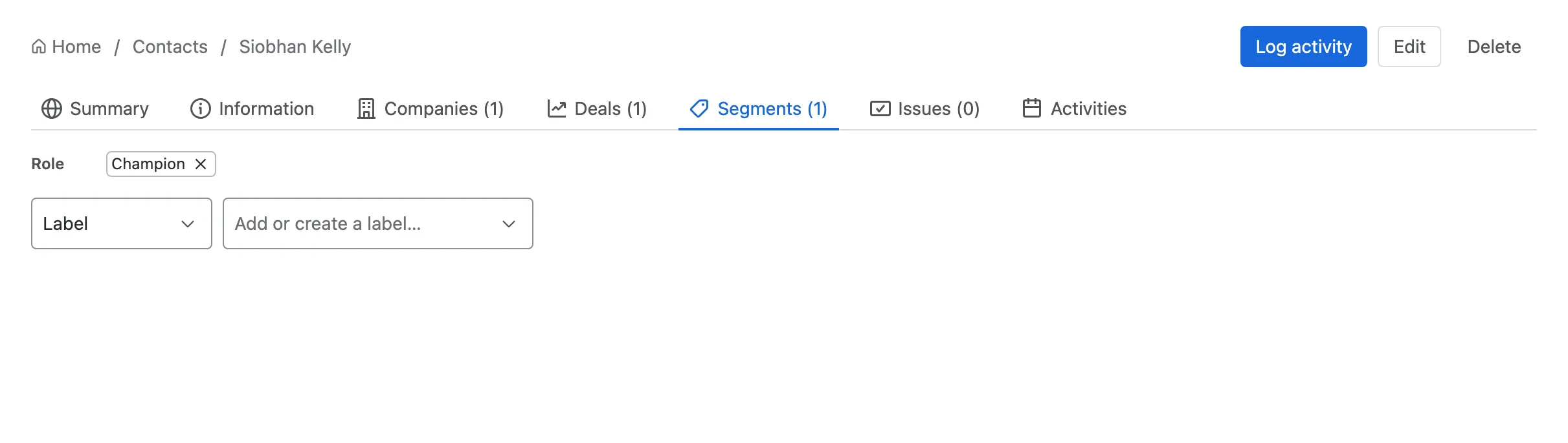 A contact’s Segments tab with group, label and role chips