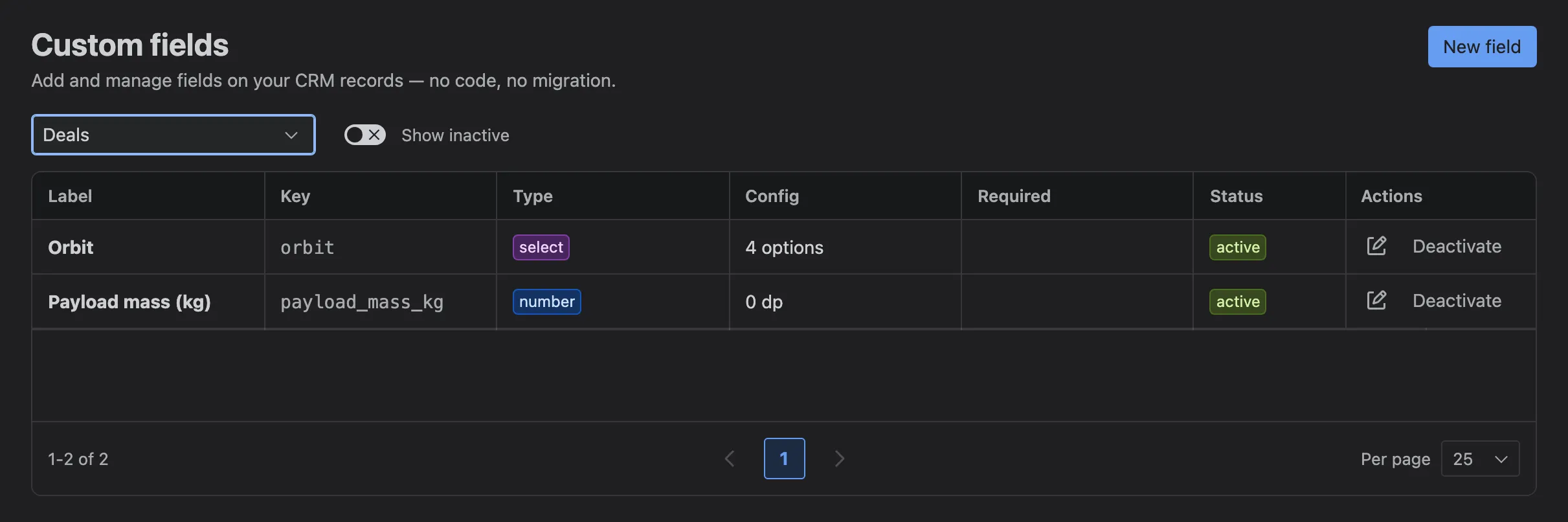 Settings → Customize → Custom fields for deals