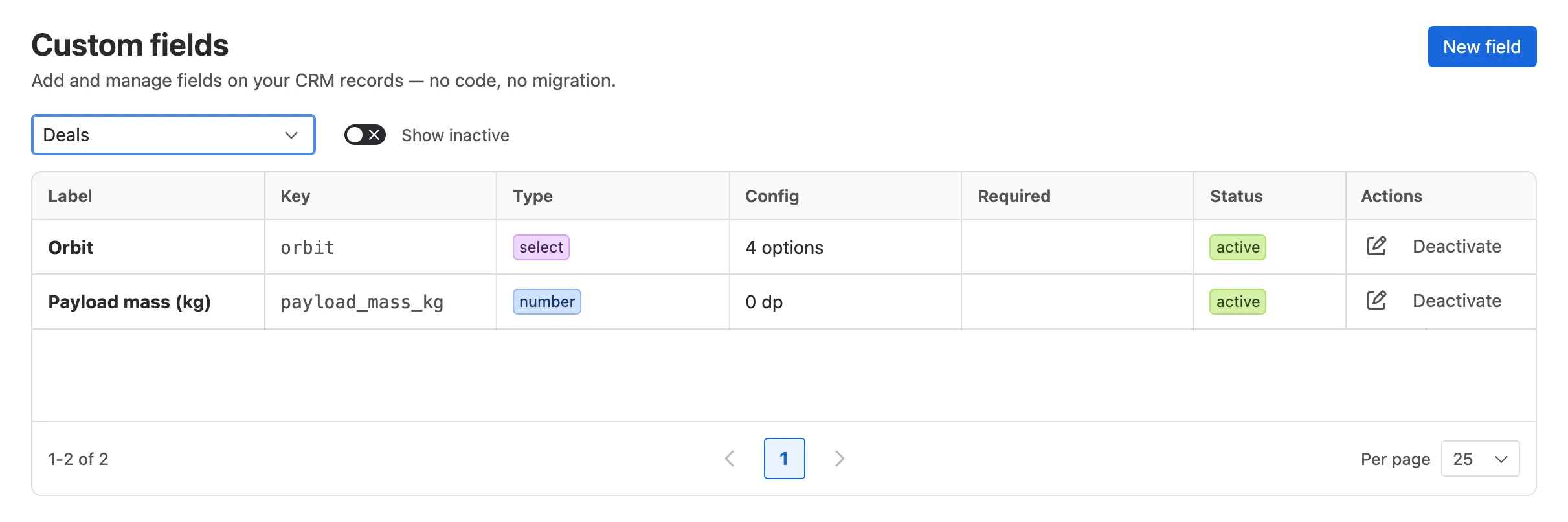 Settings → Customize → Custom fields for deals