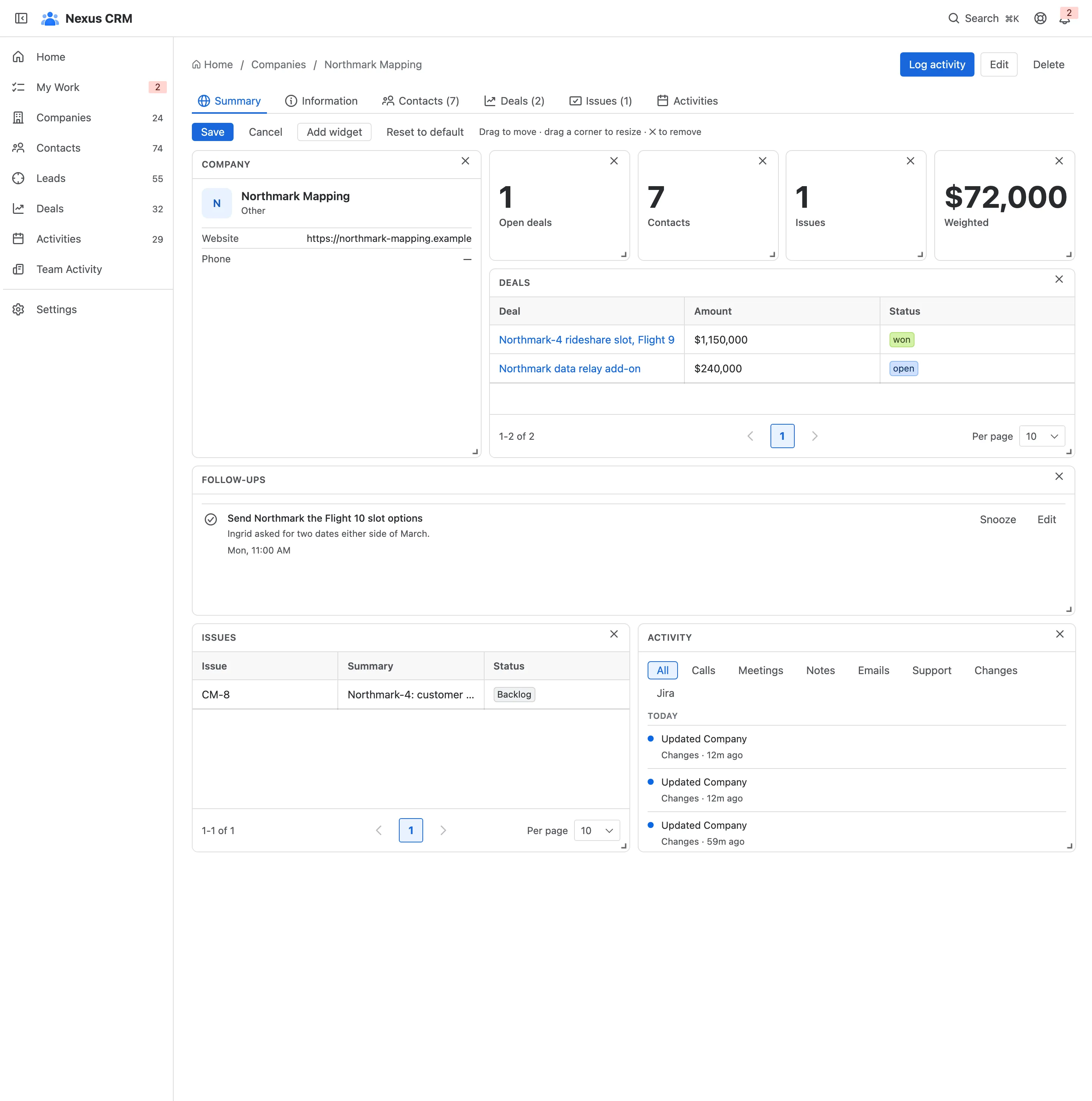 Editing a company Summary dashboard