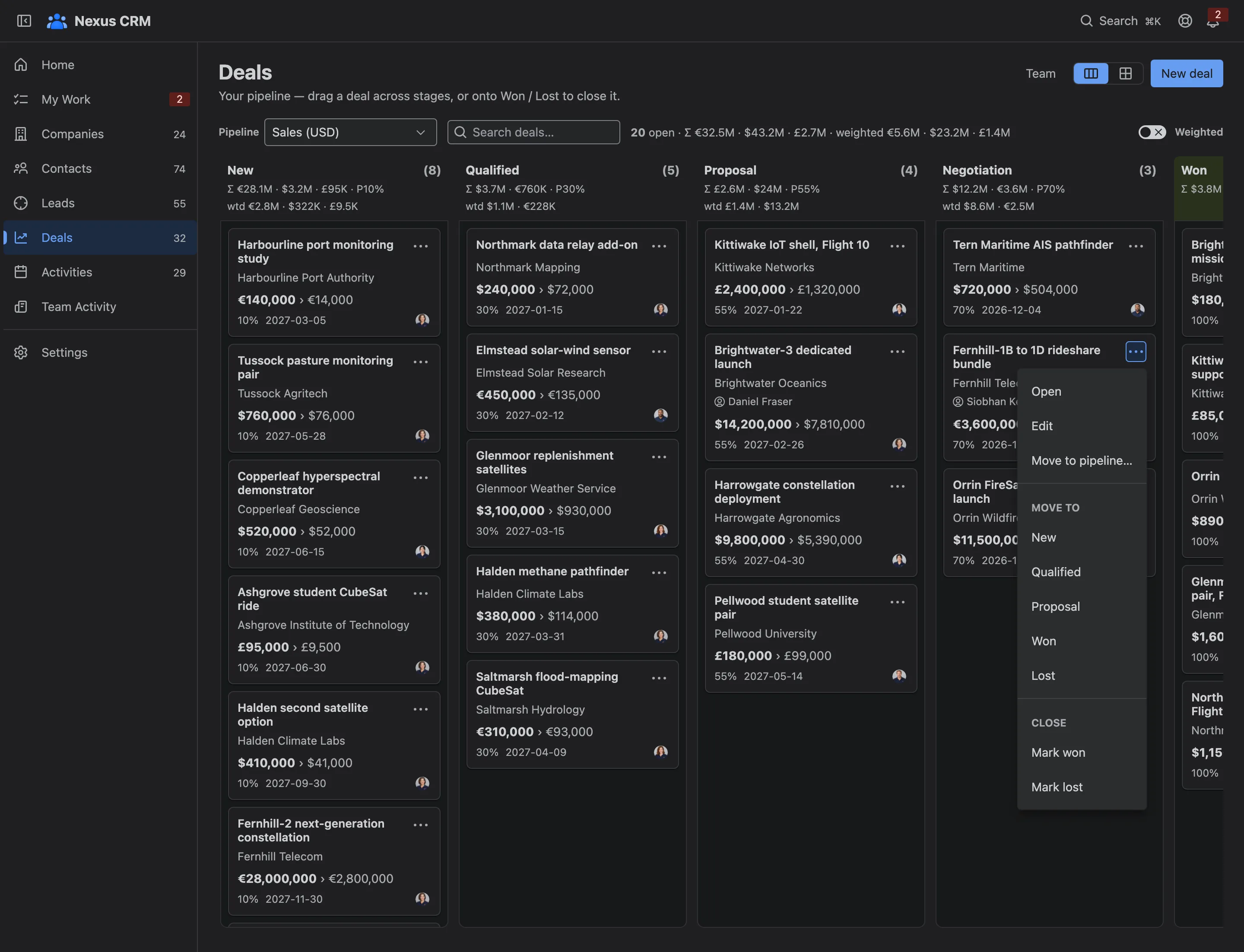 A deal card’s menu with Open, Edit, Move and outcome actions
