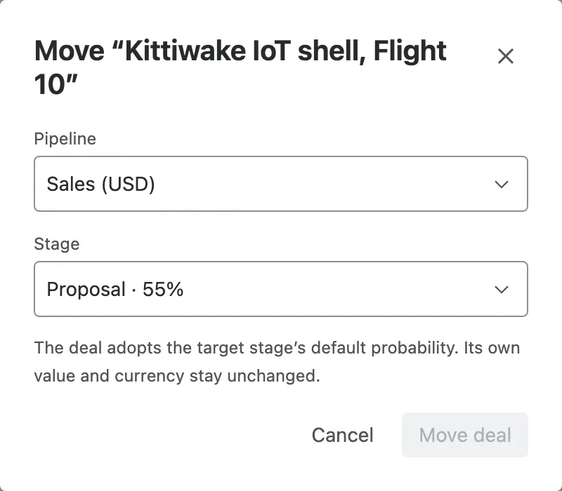 Moving a deal to another pipeline and stage
