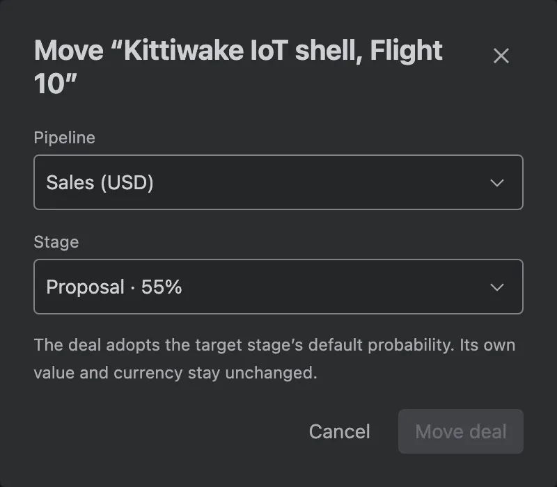 Moving a deal to another pipeline and stage
