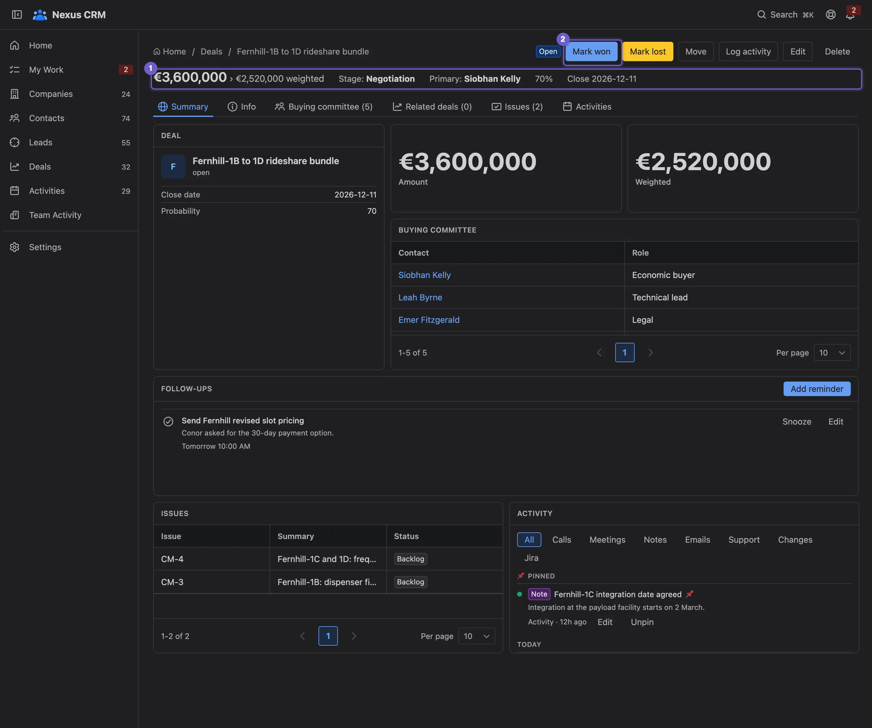 A deal page with its value strip, outcome buttons and tabs