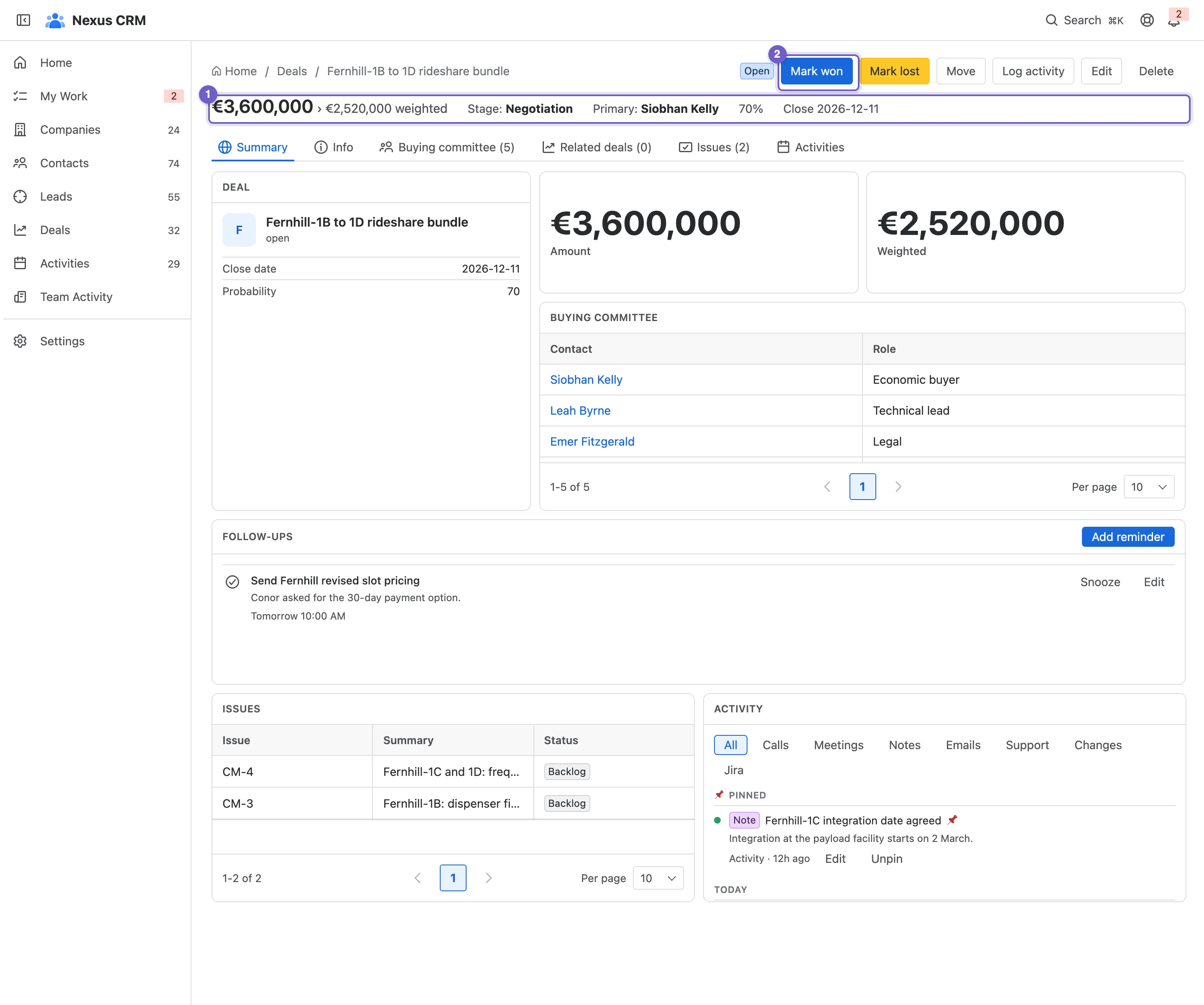 A deal page with its value strip, outcome buttons and tabs