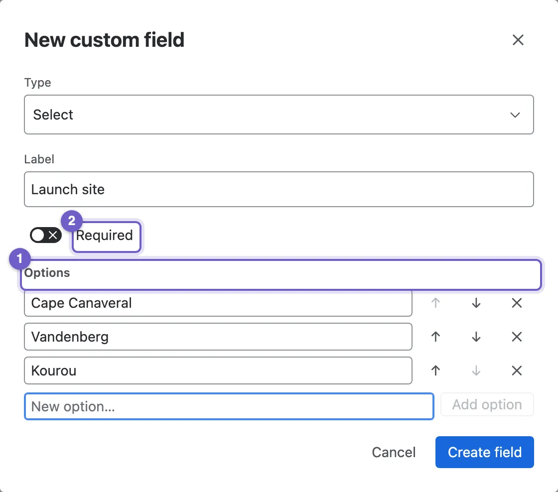 Adding a Select custom field with its options