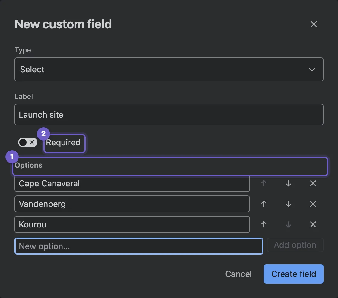 Adding a Select custom field with its options