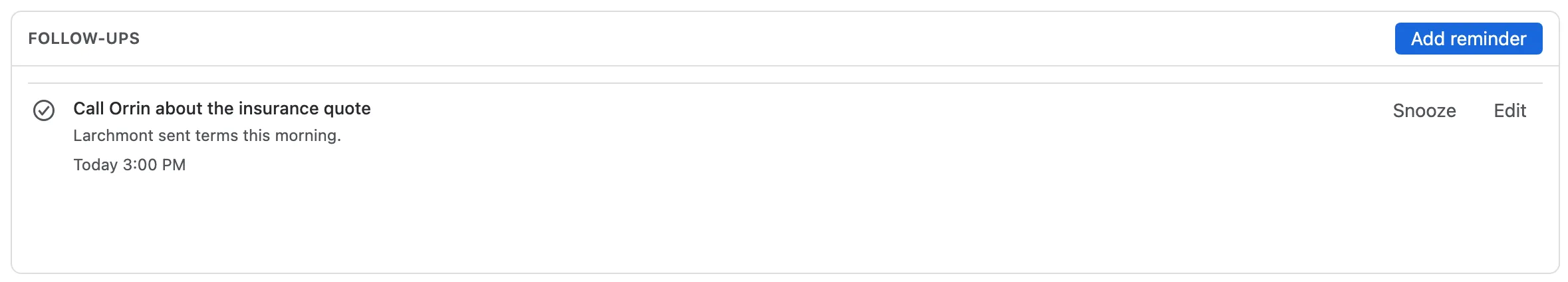 The Follow-ups box on a deal’s Summary