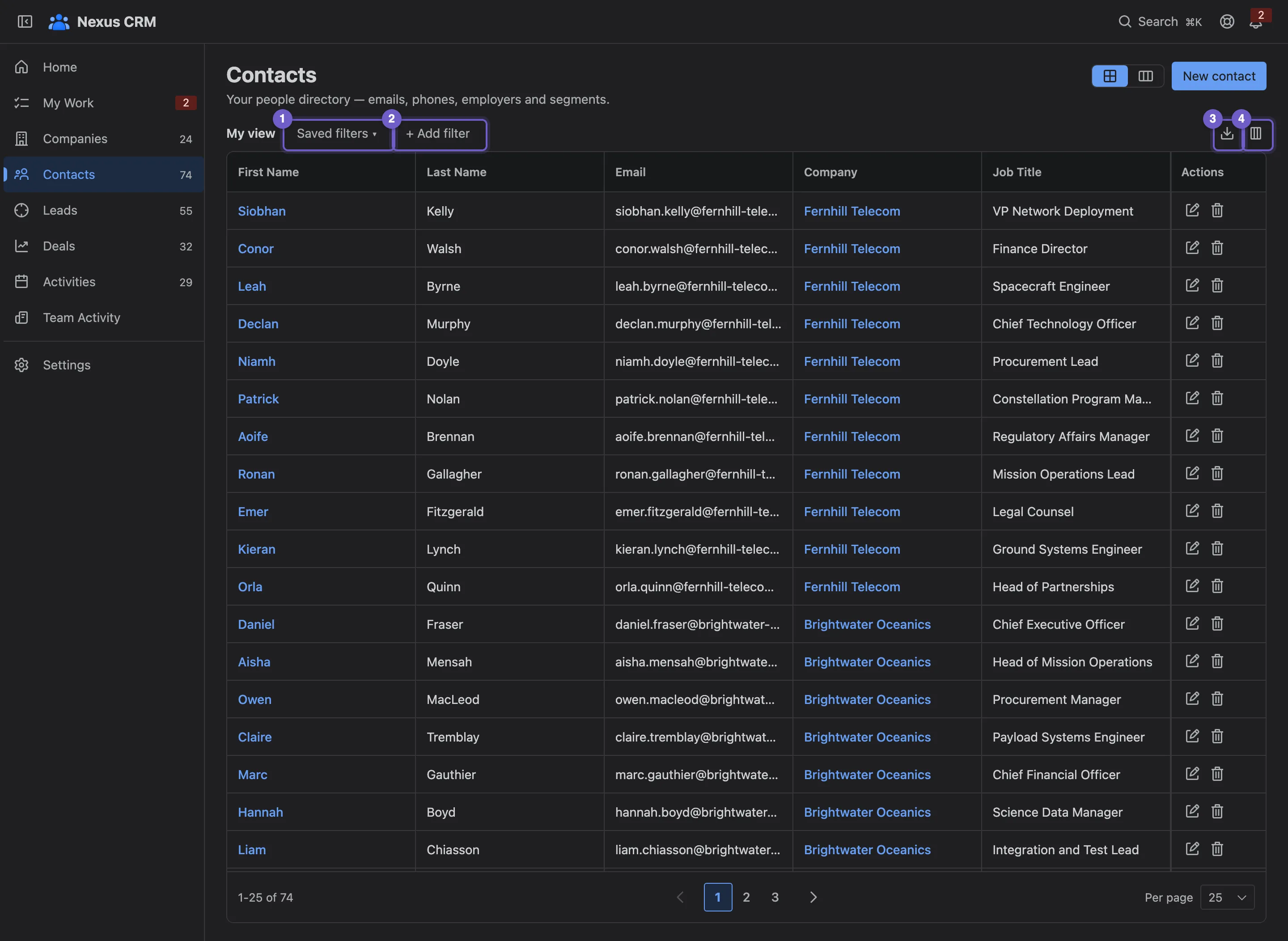 A list in grid view, with its toolbar, columns and pages