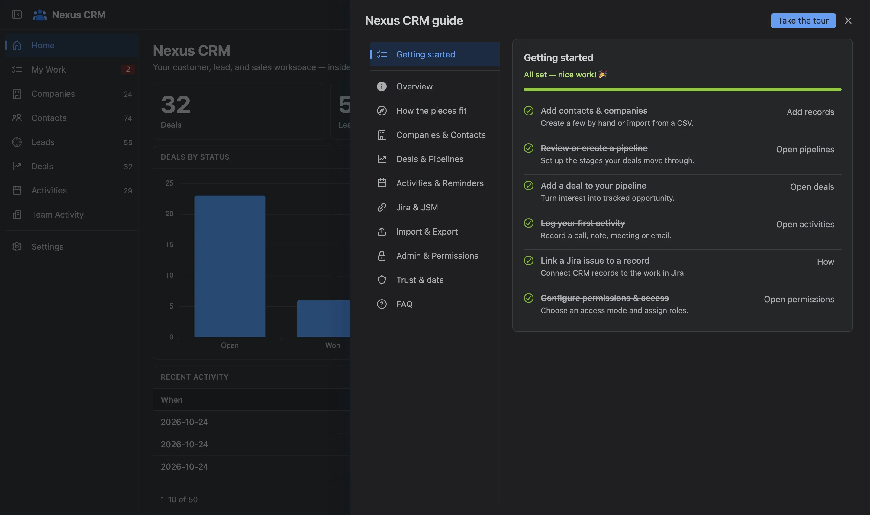 The Nexus CRM guide open beside the app, on How the pieces fit