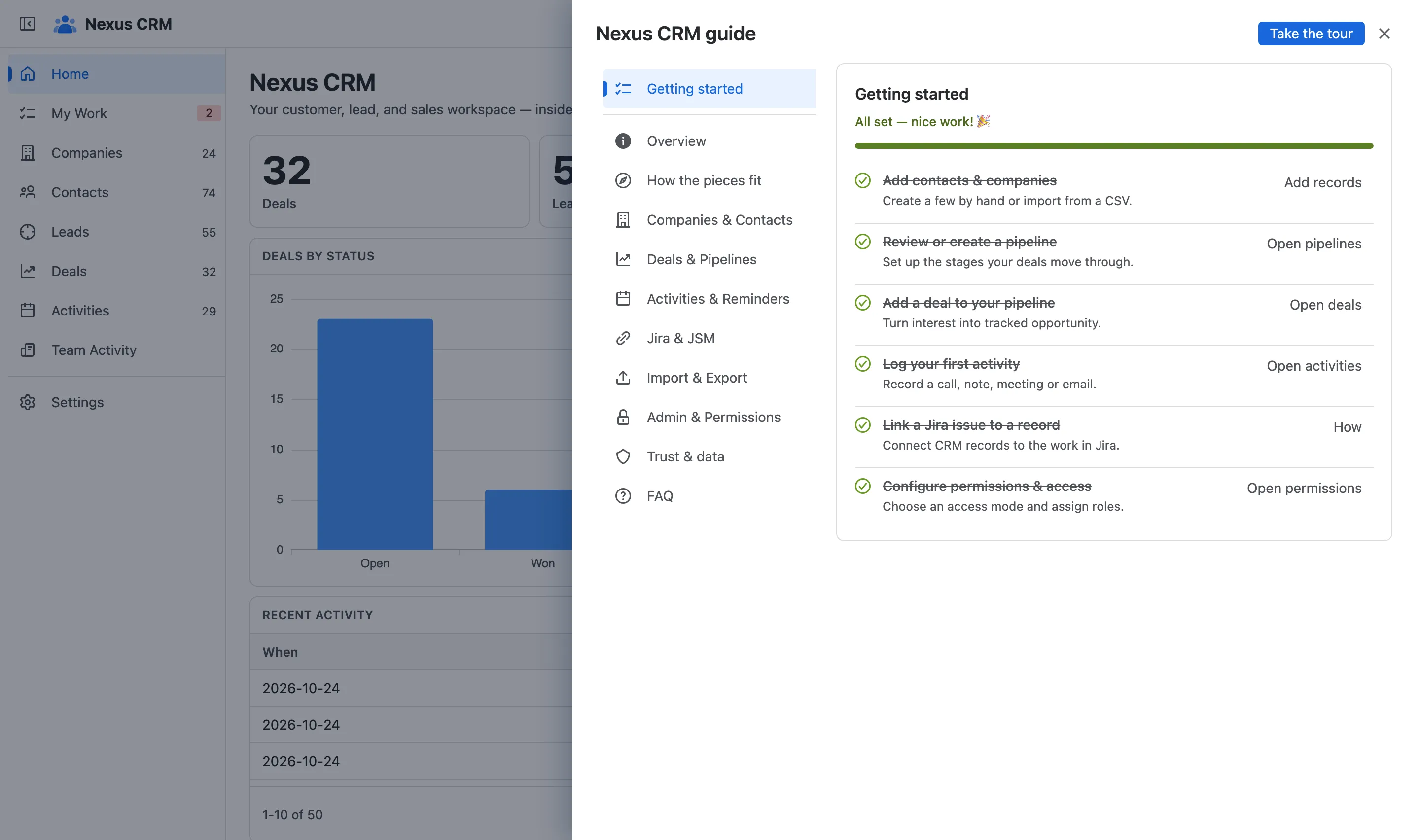 The Nexus CRM guide open beside the app, on How the pieces fit