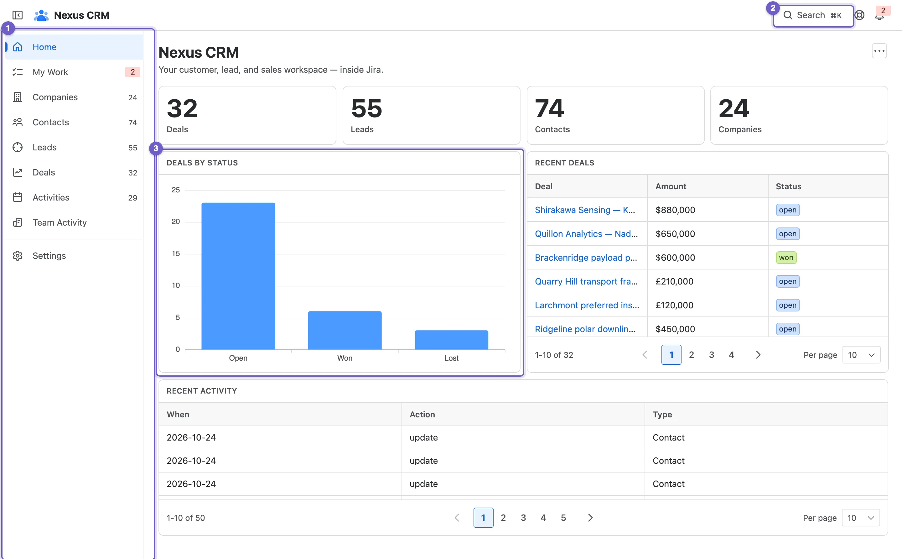 Nexus CRM Home: the navigation with record counts, the getting-started checklist, and the dashboard