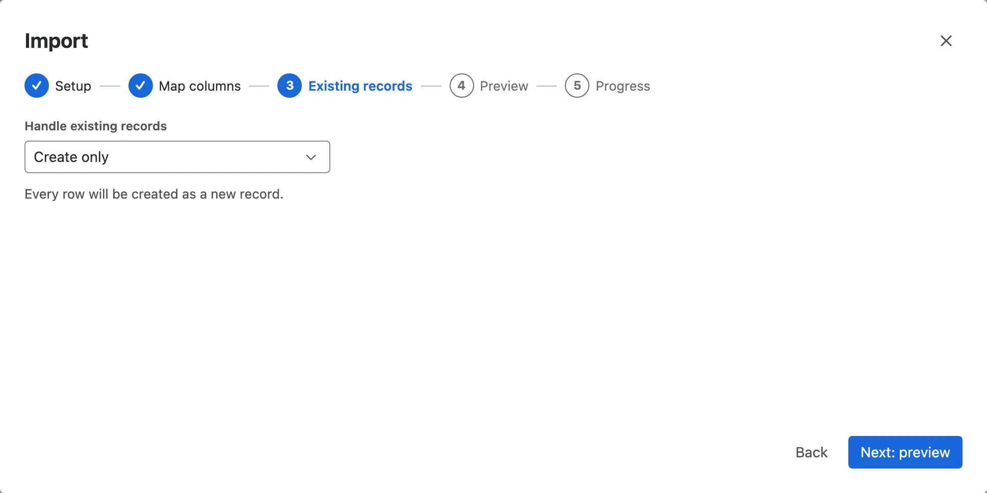 The import wizard choosing how to treat existing records