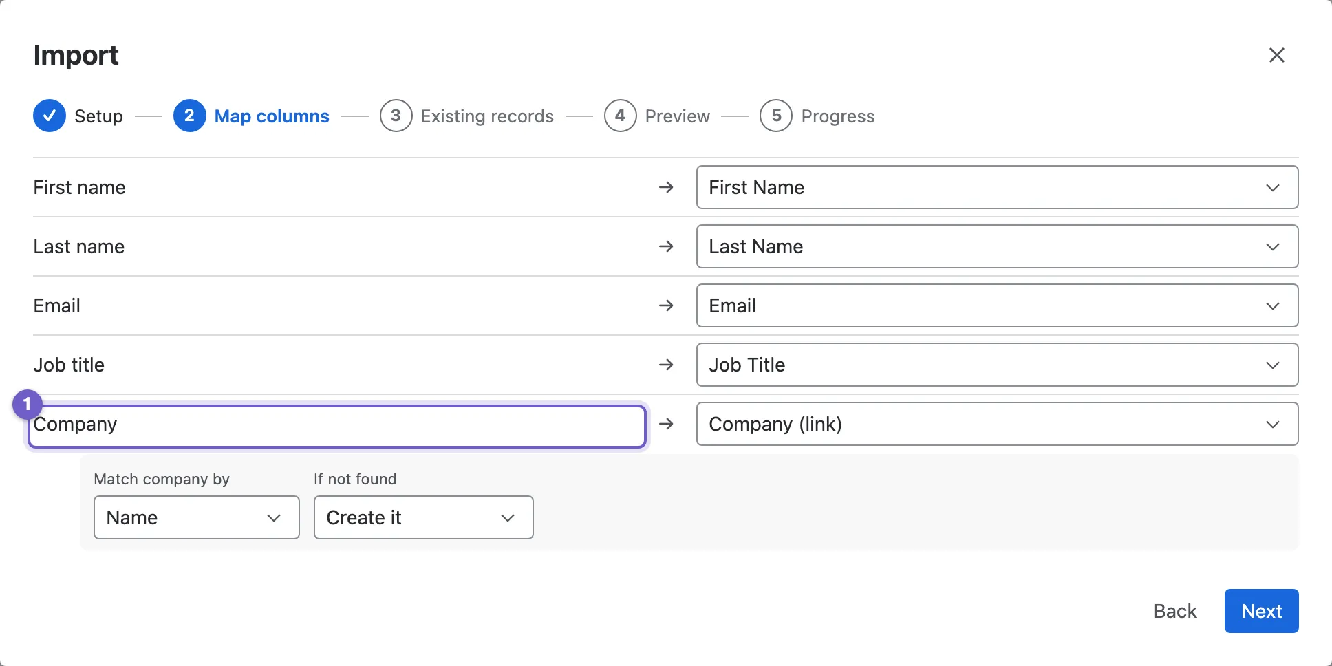 The import wizard mapping columns to fields