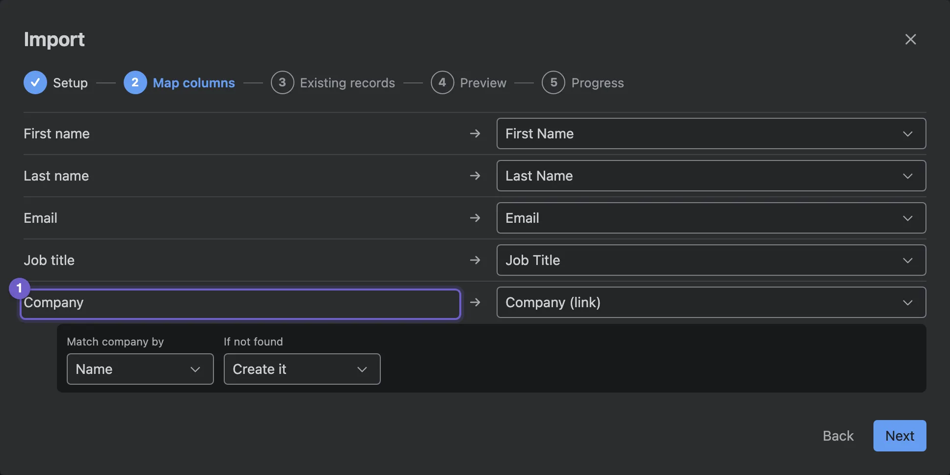 The import wizard mapping columns to fields