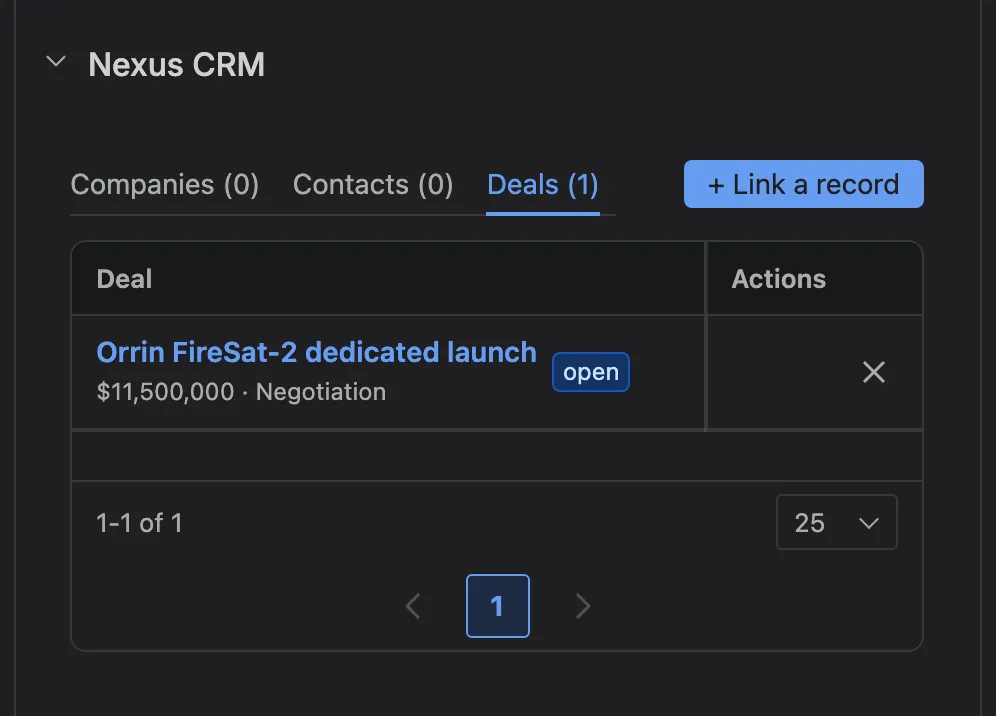 The Nexus CRM glance in a work item’s details column