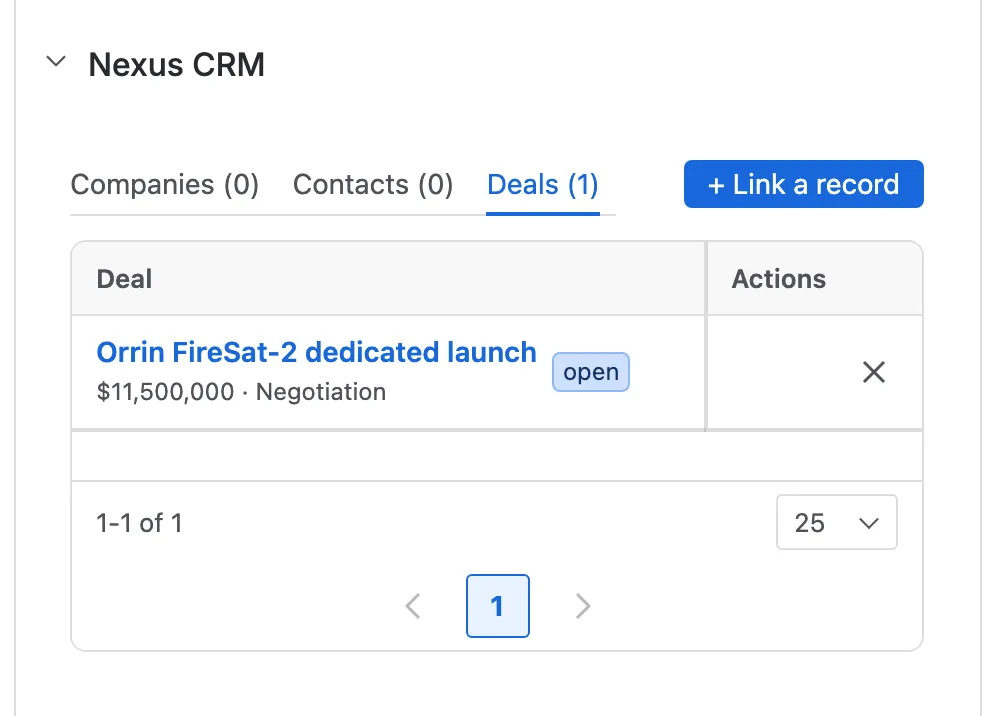 The Nexus CRM glance in a work item’s details column