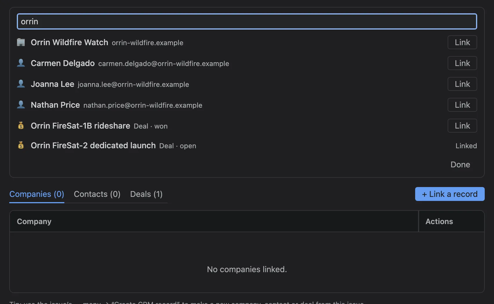 Linking a CRM record from a work item