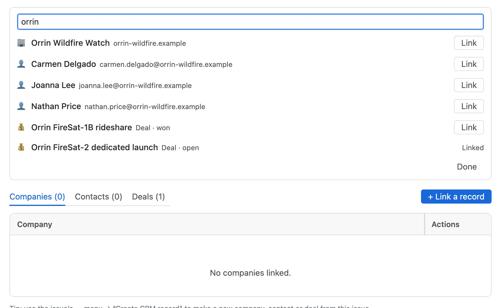 Linking a CRM record from a work item