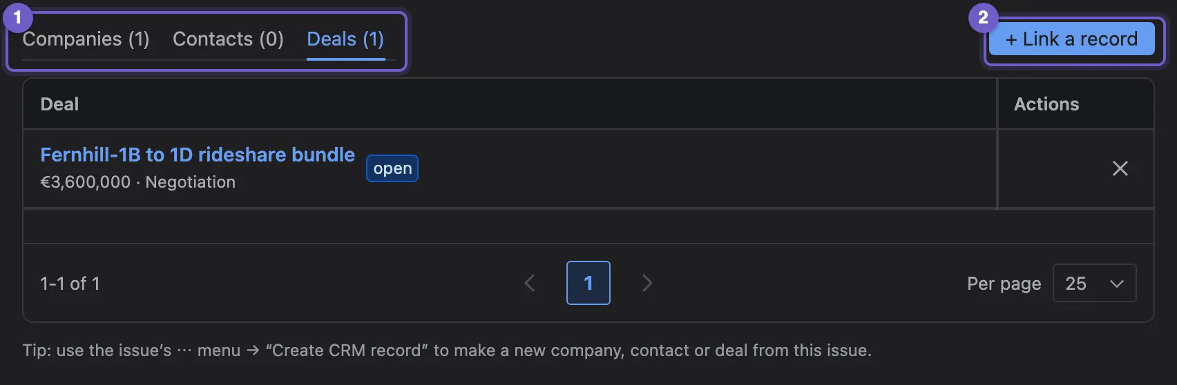 The Nexus CRM panel on a Jira work item, on its Deals tab