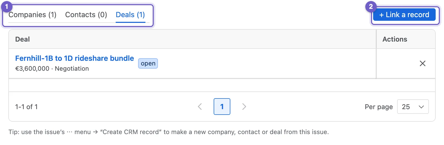 The Nexus CRM panel on a Jira work item, on its Deals tab