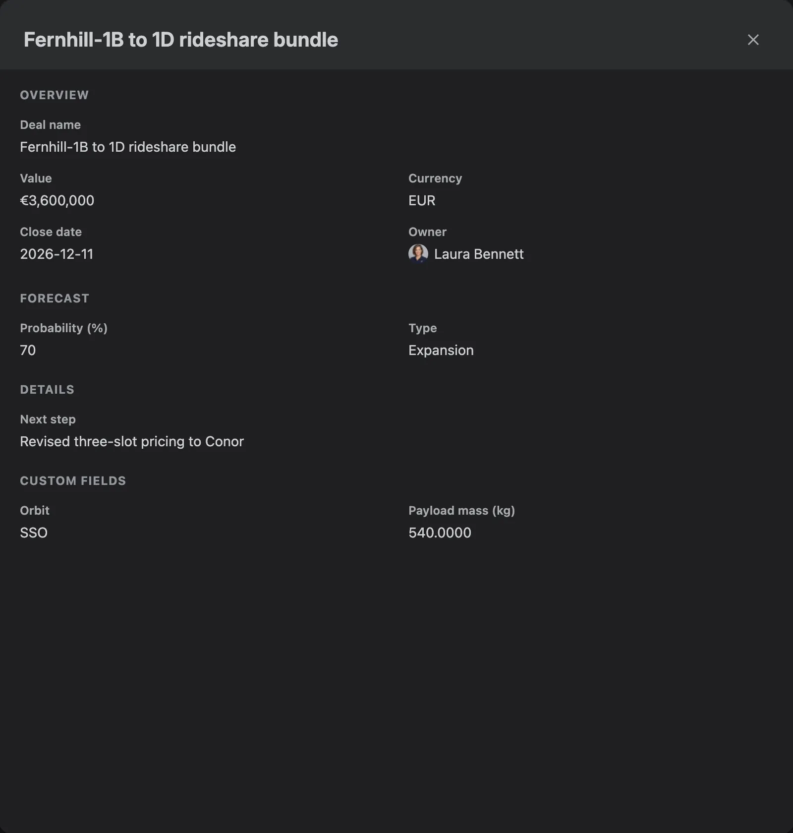 A linked deal’s details open over the work item