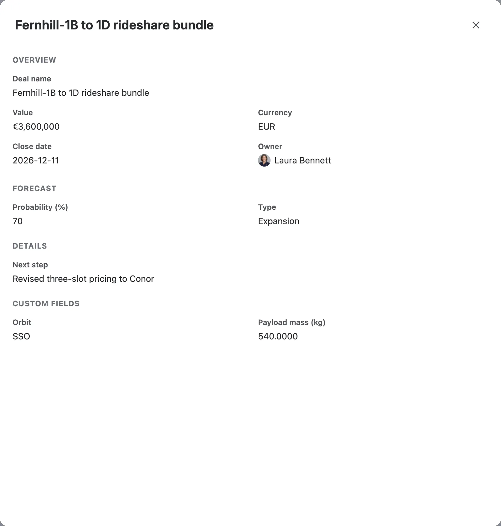 A linked deal’s details open over the work item